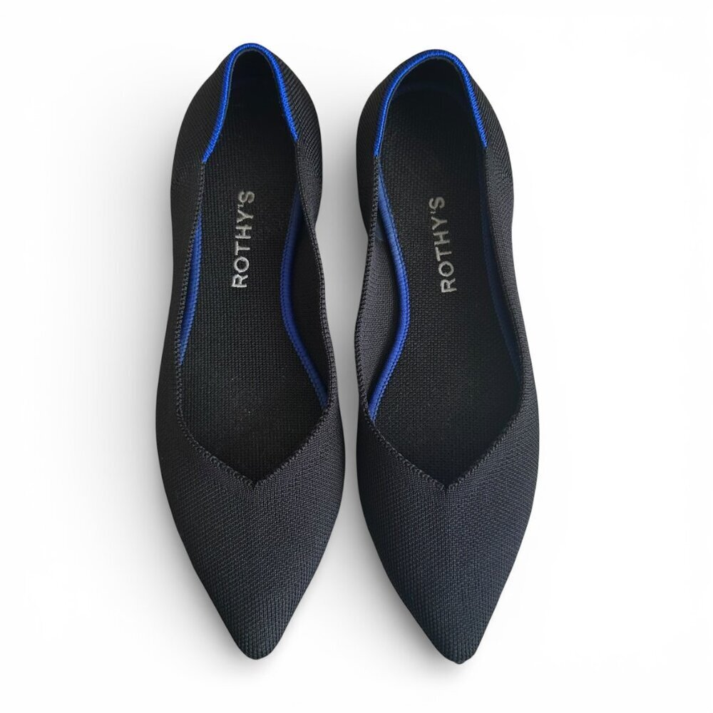 Rothy's The Point Black Pointed Toe Knit Flats Blue Trim Size 9